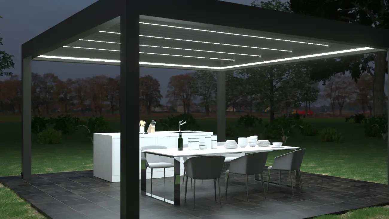 Beispiel einer Terrassenüberdachung mit integrierter LED Beleuchtung