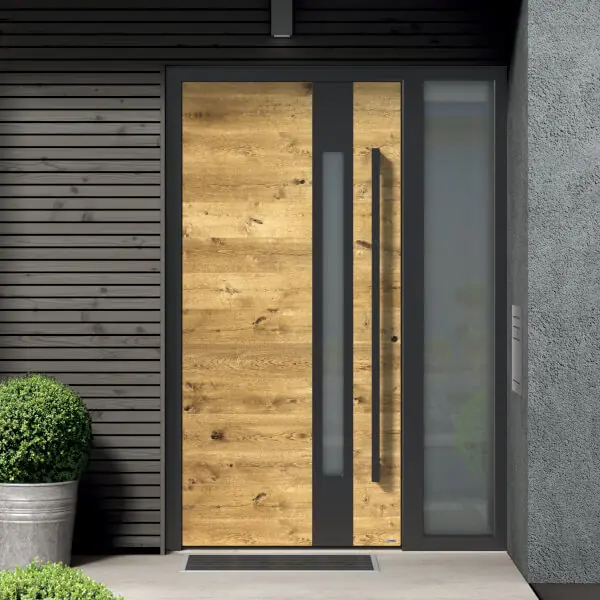 Beispiel Modell einer eleganten Holz Haustüre mit Glaseinsatz in braun-schwarz